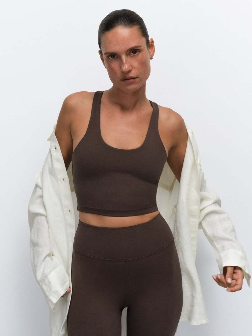 Mate The Label Organic Stretch Racer Tank Size M Mocha Crop Top NWT